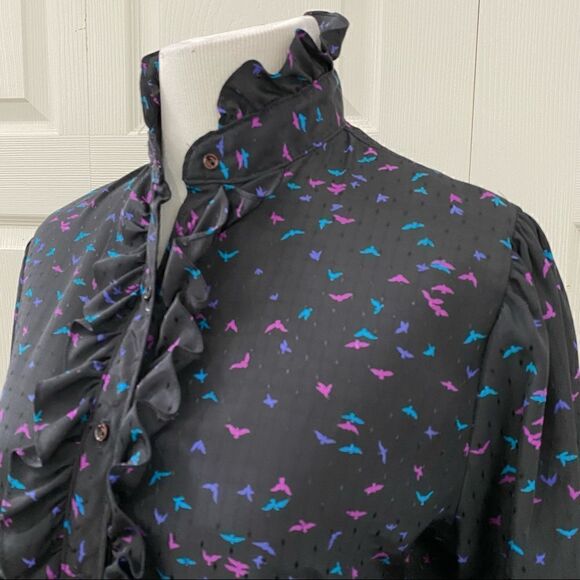 Vintage Langtry Black Ruffled High Neck Button Down Blouse - Picture 2 of 12